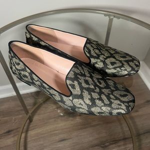 J. Crew Smoking Slippers Loafer Flats Black Gold Leopard Print Metallic Size 8